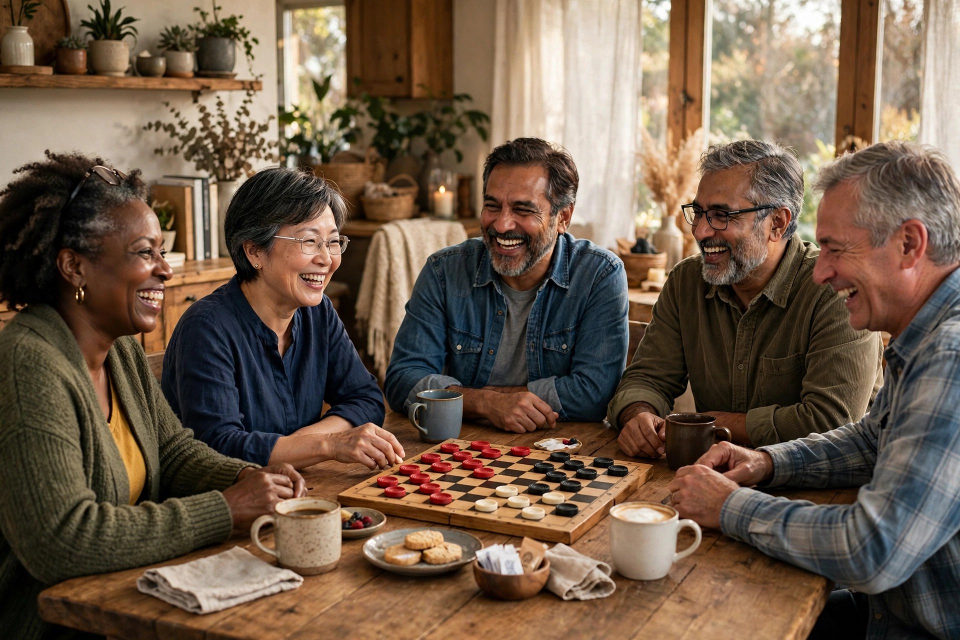 Residents laughing together around a table playing checkers